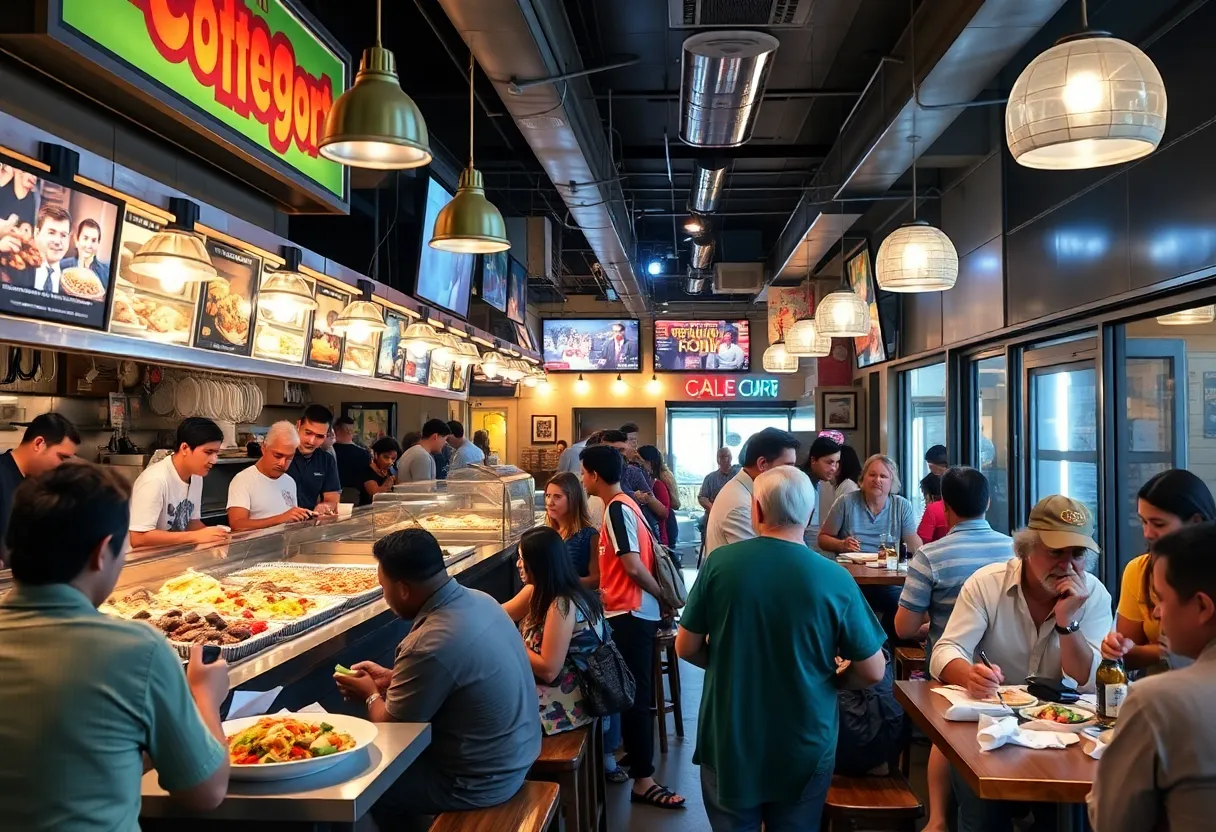 Lively dining scene in San Diego showcasing various food offerings.