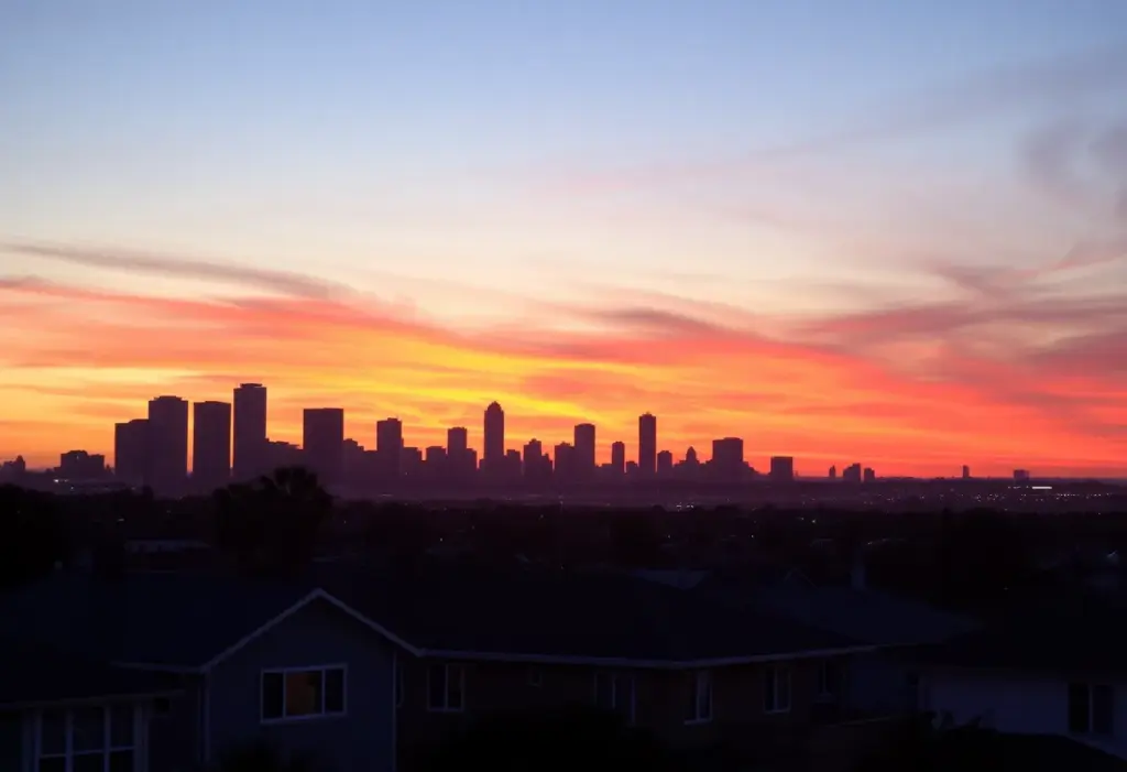 Sunset view of San Diego skyline and residential homes