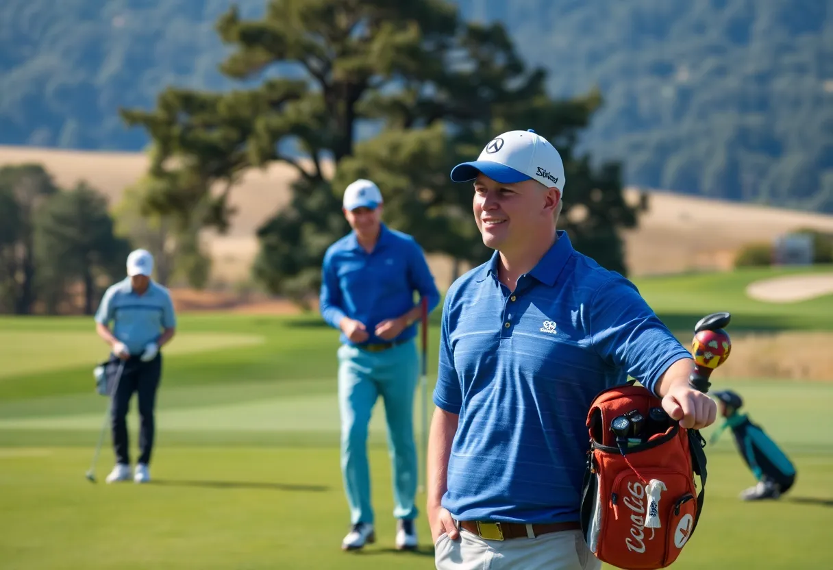 Players from the San Diego State Aztecs on the golf course during a tournament.