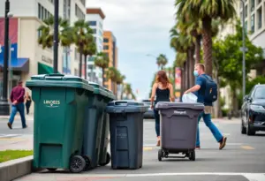Residents in San Diego placing trash bins on the street