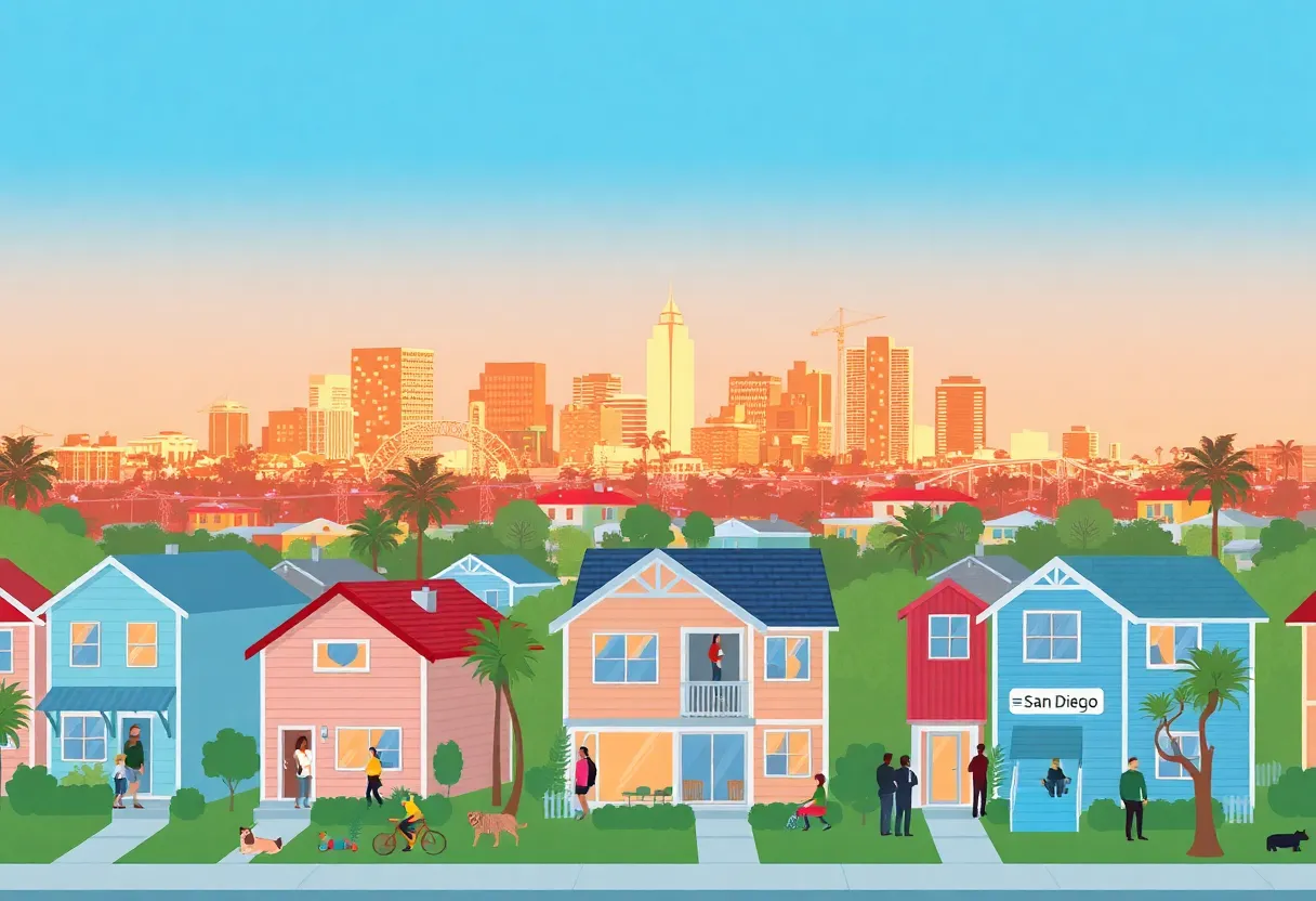 An artistic depiction of San Diego's skyline with vacation homes and community symbols.