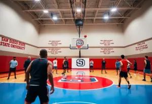 San Diego State University basketball players training on the court