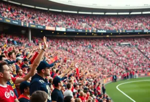 Fans cheering in the stands at a football game