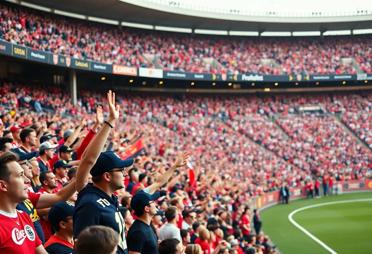 Fans cheering in the stands at a football game