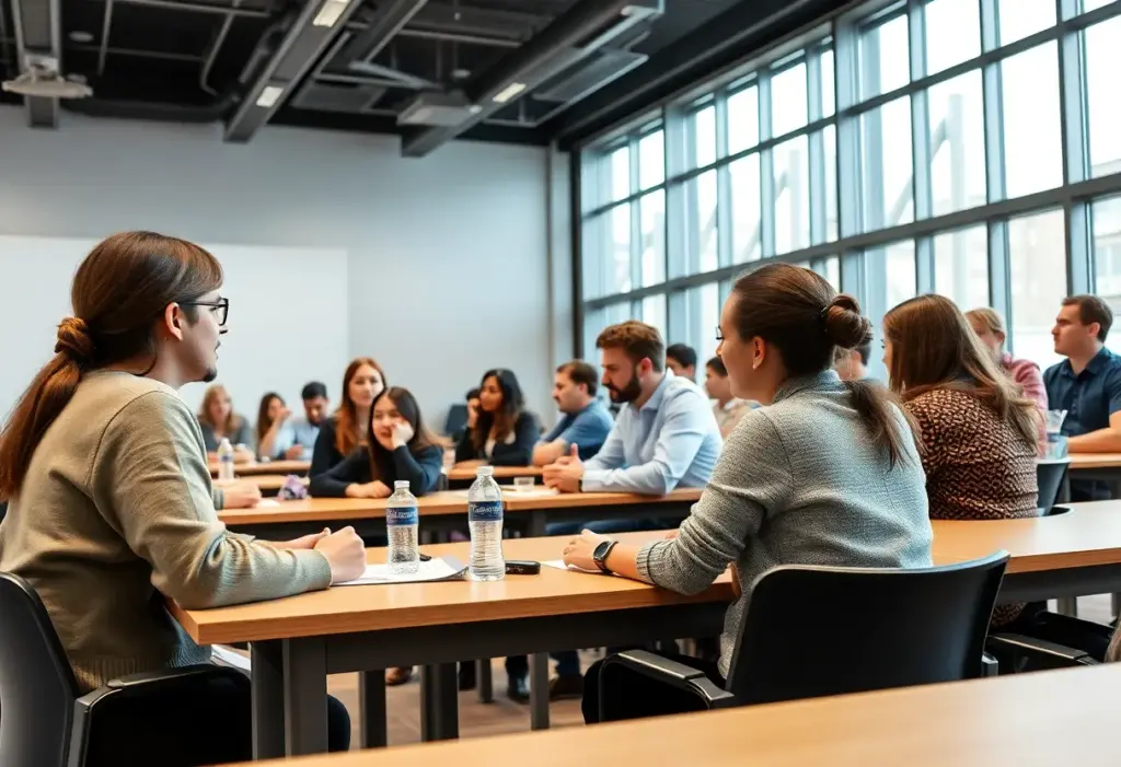 Students in a university classroom focused on industrial and organizational psychology.