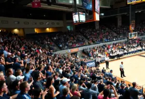Crowd cheering at a SDSU men's basketball game