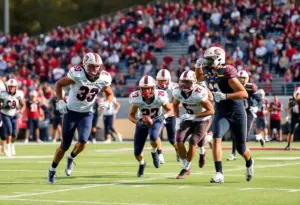 Players from SDSU and Fresno State competing on the football field
