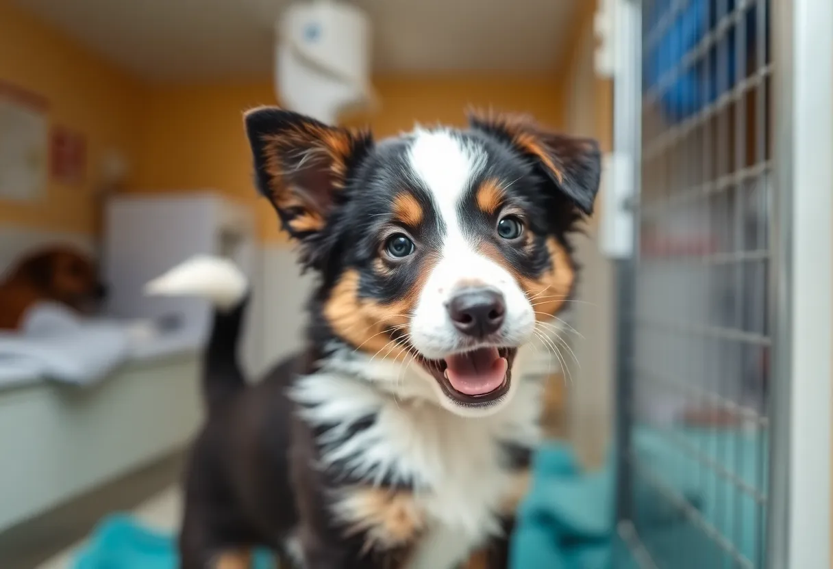 A young shepherd puppy at an animal shelter recovering from surgery