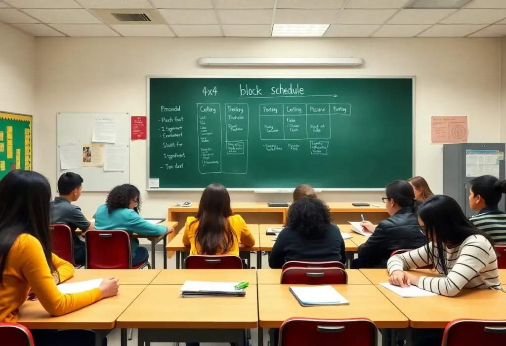 Students participating in a classroom discussion under a 4x4 block schedule