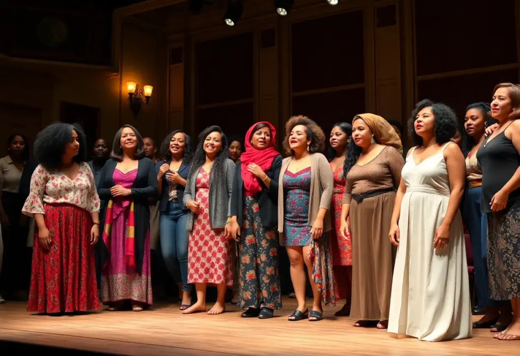 Stage performance from the musical Suffs showing diverse women actors.
