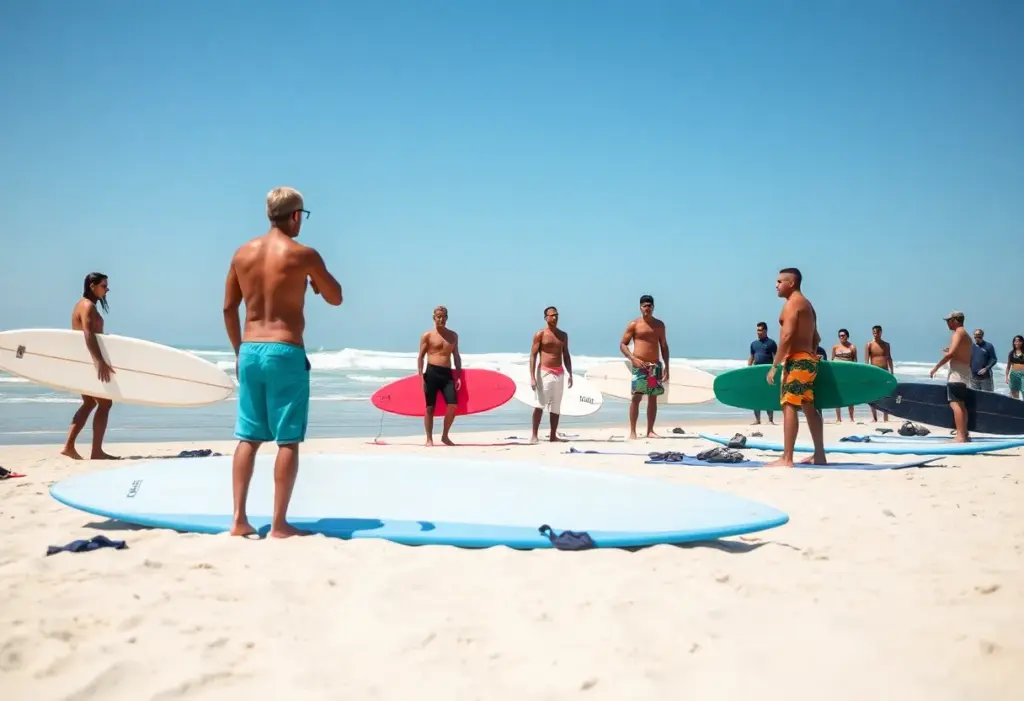 Veterans practicing surf therapy on the beach with surfboards