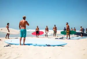 Veterans practicing surf therapy on the beach with surfboards