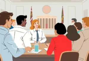 An illustration of a legislative meeting about surveillance pricing and consumer rights.