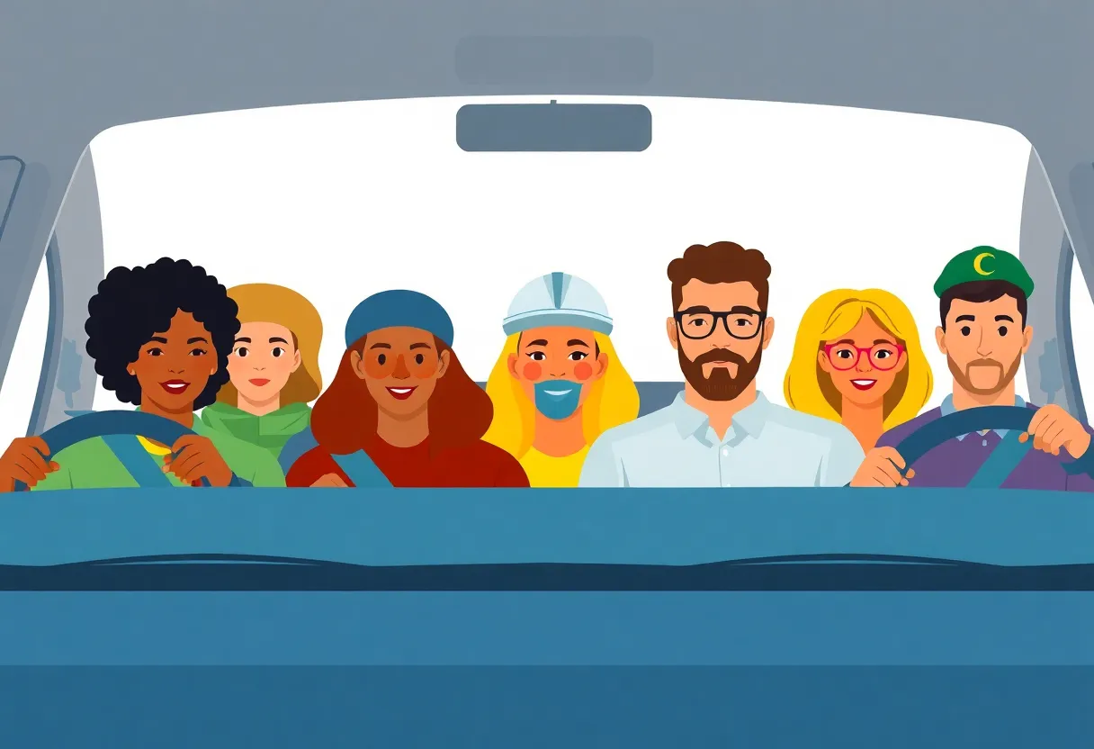 Illustration of rideshare drivers advocating for union rights