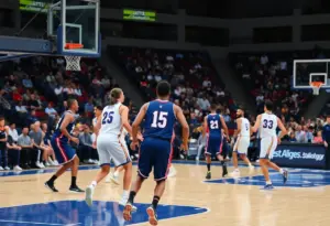 Players from UCLA Bruins competing against San Diego State Aztecs during an exhibition basketball game.