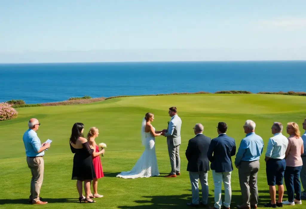 Couple renewing vows at Torrey Pines Golf Course with friends