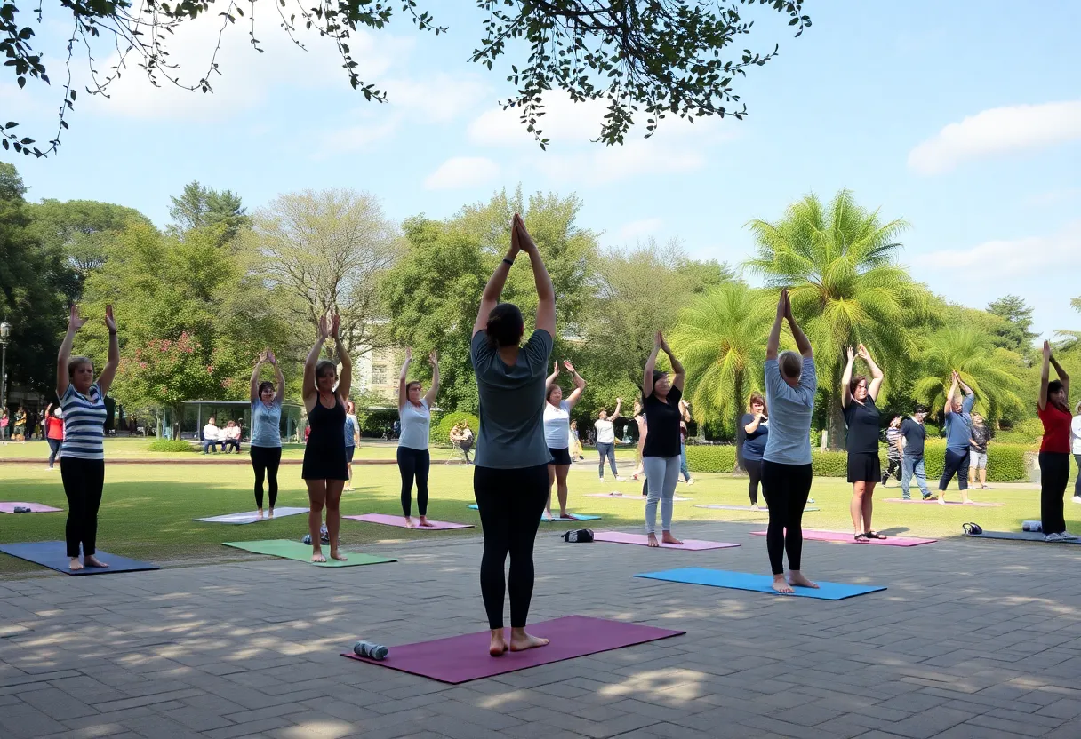 Group of people practicing yoga in a public park