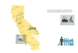 A vibrant illustration of California's electricity grid showing power lines and residential areas.