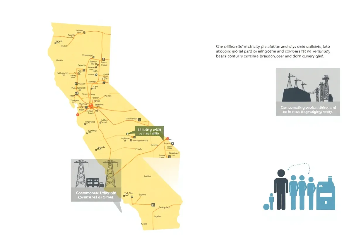 A vibrant illustration of California's electricity grid showing power lines and residential areas.