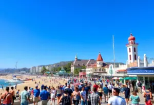 A picturesque view of California's attractions filled with tourists.