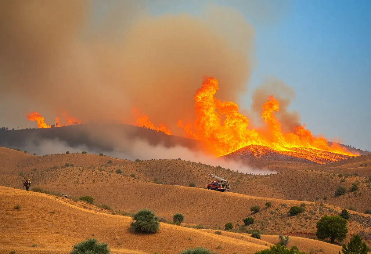 Wildfire in San Diego County with firefighters at work