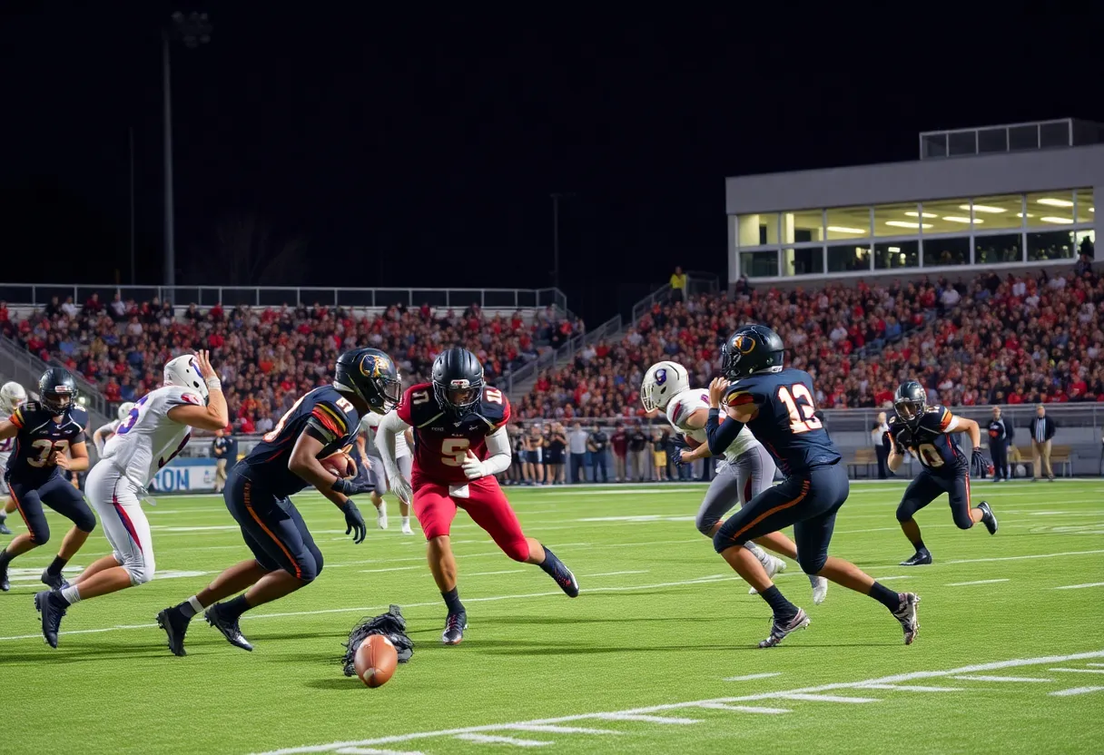 High school football players in a championship game under stadium lights