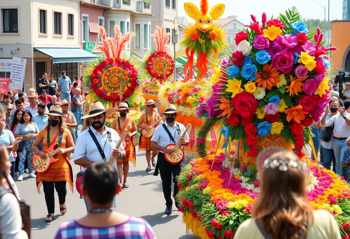 Colorful floats and musicians participating in the Rose Parade.
