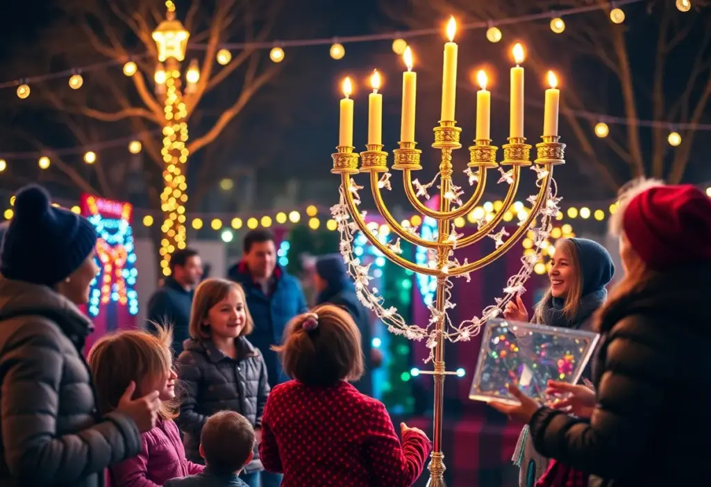 Families gathering for Chanukah festivities under the stars