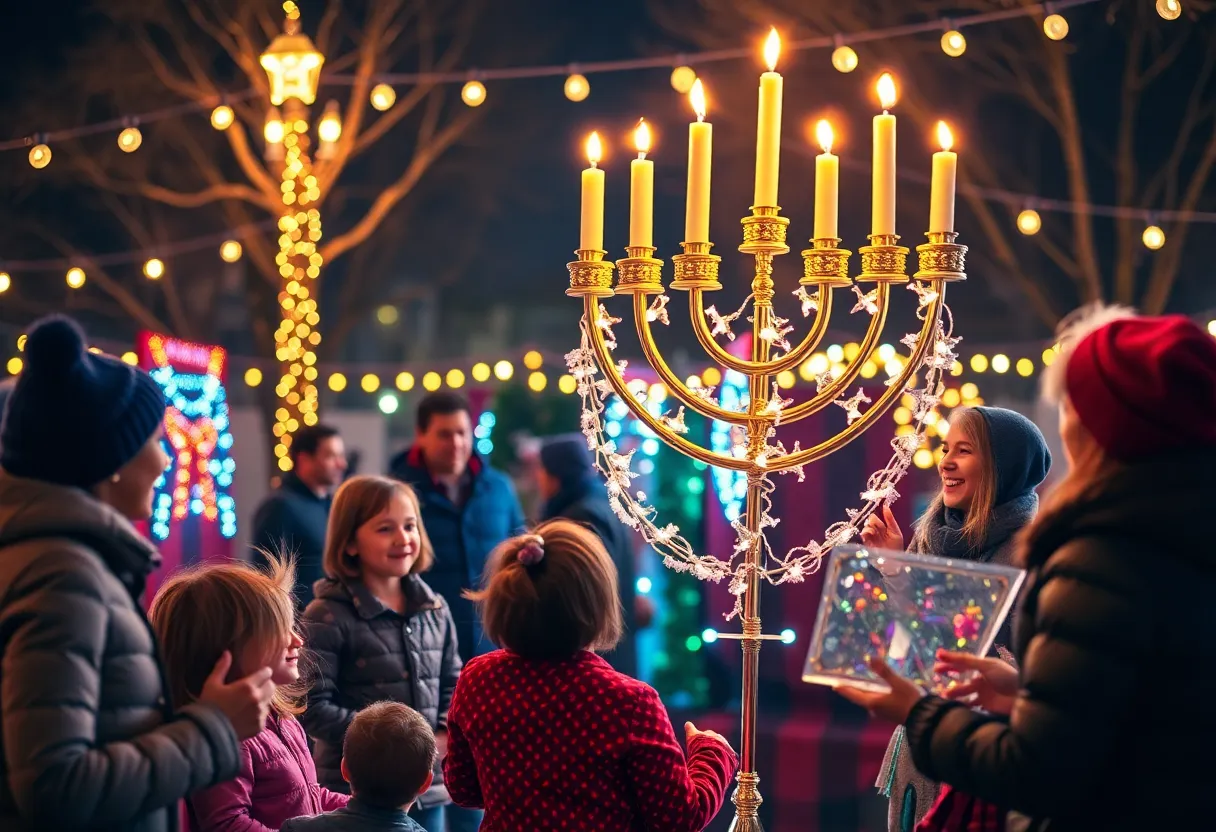 Families gathering for Chanukah festivities under the stars