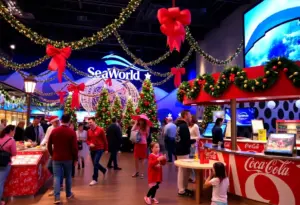 Families enjoying the Coca-Cola Holiday Caravan at SeaWorld San Diego with festive decorations.