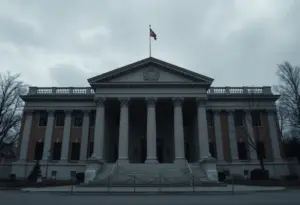 A courthouse under cloudy skies representing justice