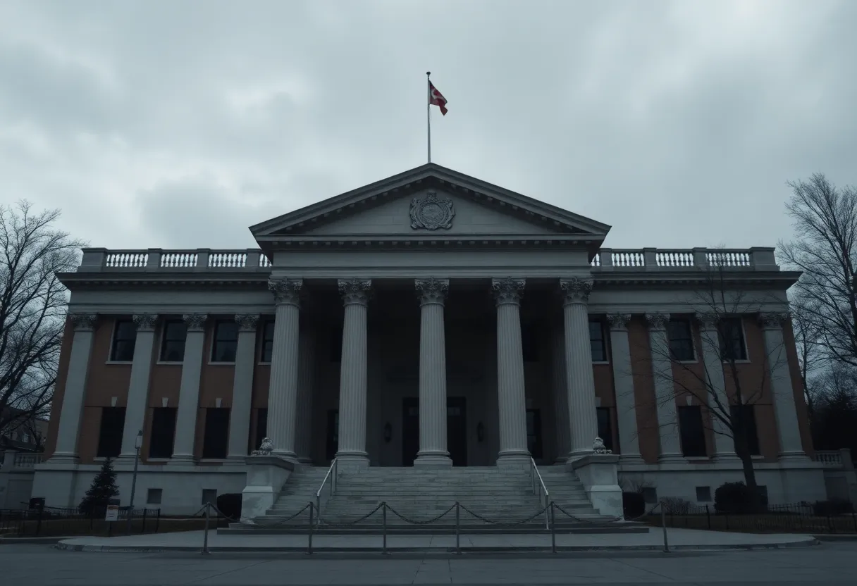 A courthouse under cloudy skies representing justice