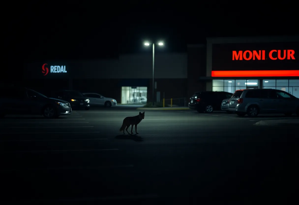 Coyote in a parking lot at night near a shopping mall