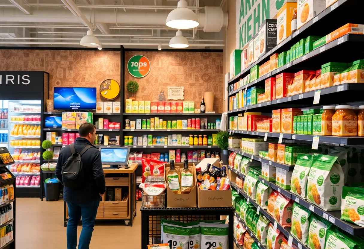 Illustration of a vibrant retail environment featuring consumer packaged goods in San Diego.