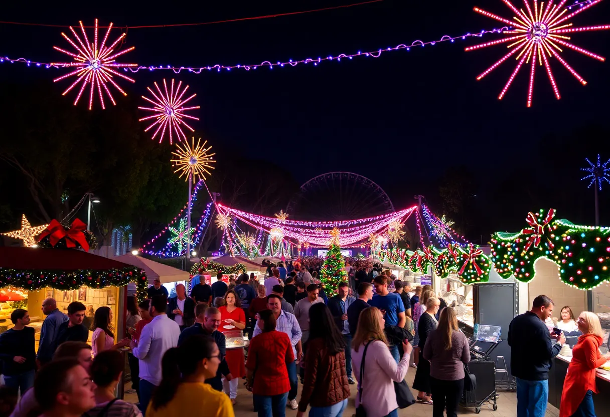 Festival decorations and activities at Balboa Park during December Nights