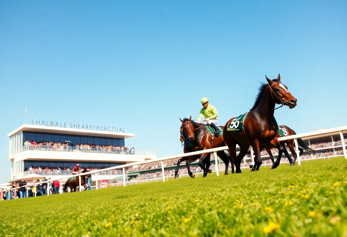 Horses racing at Del Mar Turf Festival under sunny weather