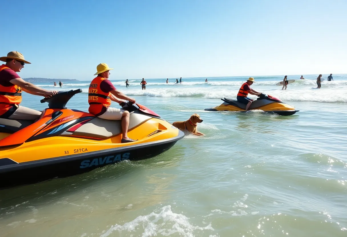 Lifeguards on jet skis rescuing a dog from the ocean in San Diego