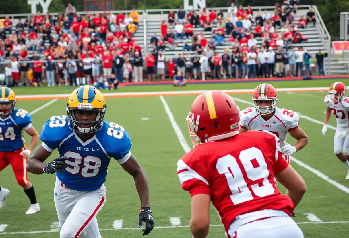 Players from Cathedral Catholic Dons celebrating on the football field after winning a playoff game.