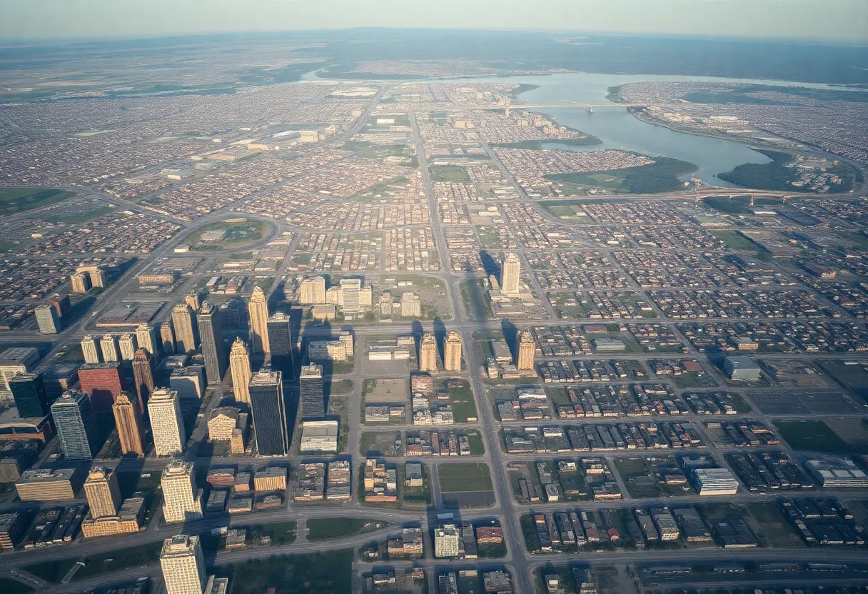 Aerial view showcasing urban and suburban landscapes of New York and California, highlighting economic challenges.