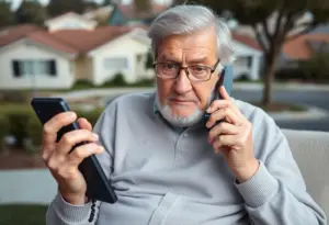 Worried elderly person holding a phone in San Diego neighborhood