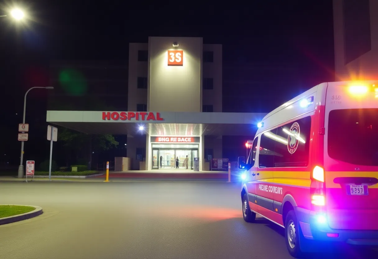 Emergency vehicles near Scripps Hospital at night