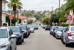 A timed parking restriction sign set in a residential neighborhood in Encinitas, California.