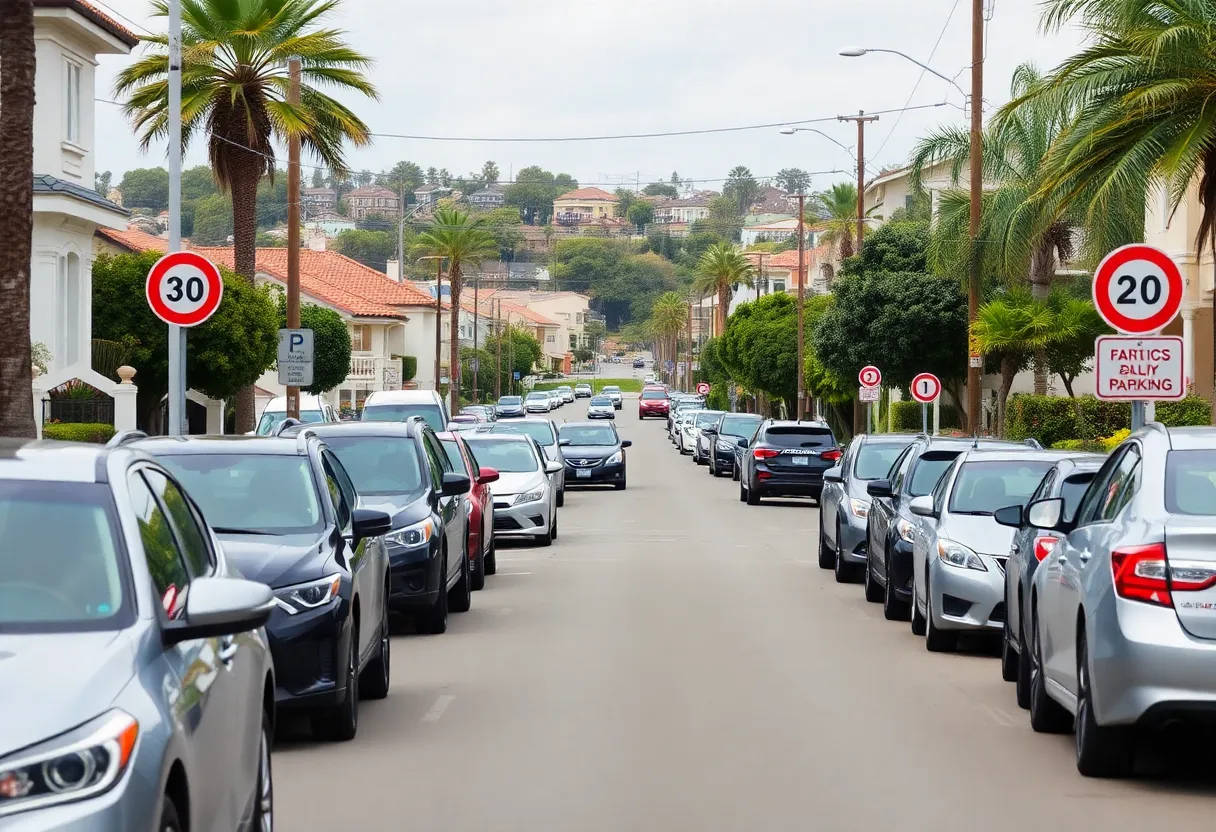 A timed parking restriction sign set in a residential neighborhood in Encinitas, California.