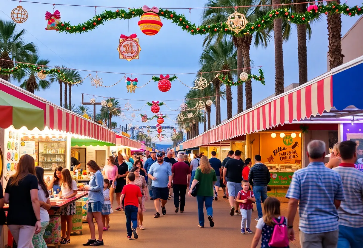 Crowd enjoying the Encinitas Holiday Street Fair with festive booths and live music.