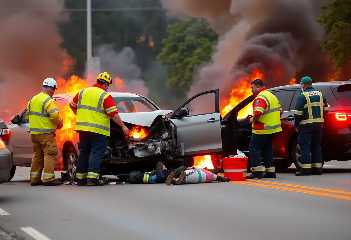 A two-vehicle collision scene in San Diego with one car engulfed in flames