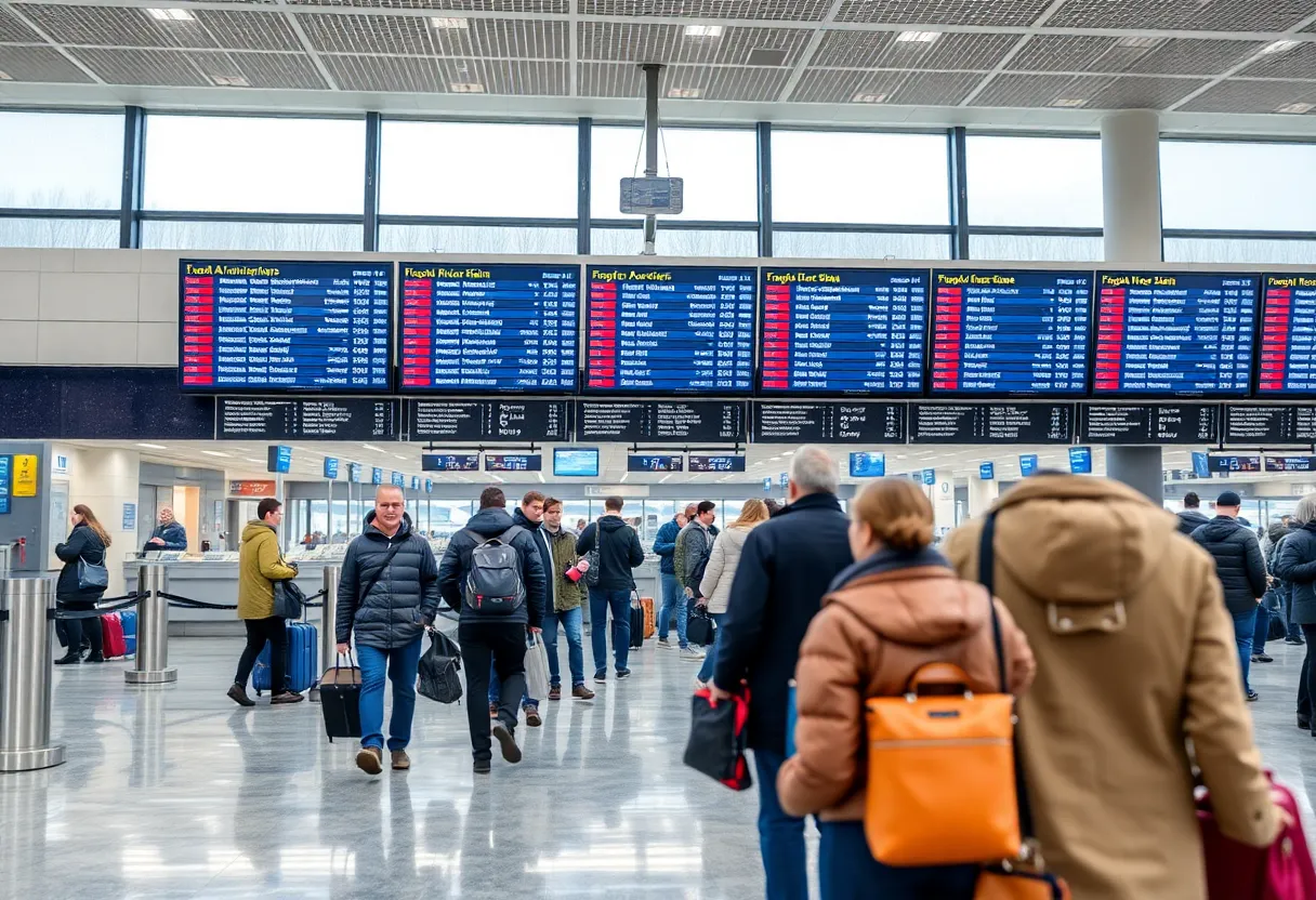 Travelers in San Diego International Airport during flight delays due to weather and construction.