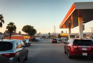 A busy gas station in California with customers refueling their vehicles.