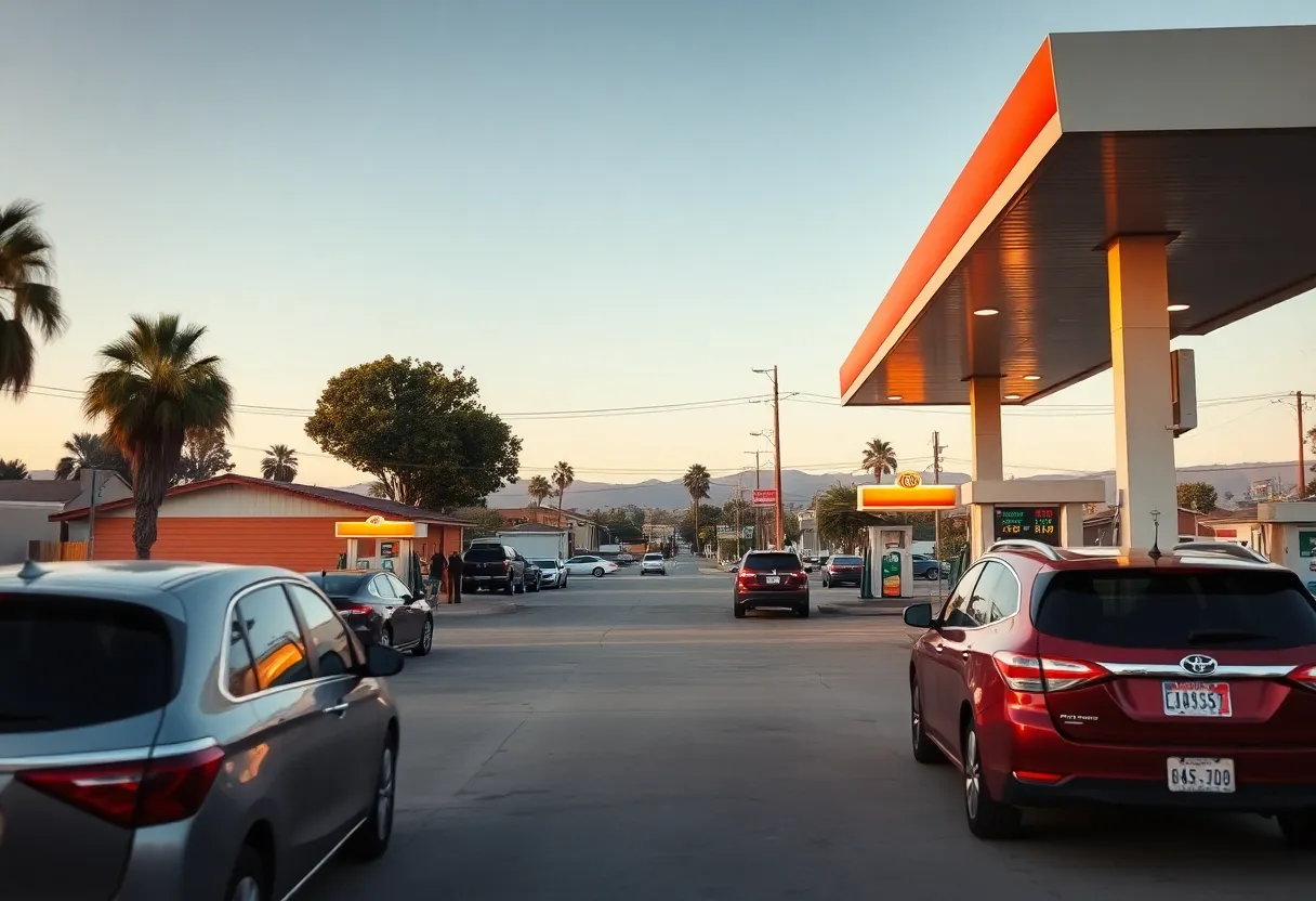 A busy gas station in California with customers refueling their vehicles.