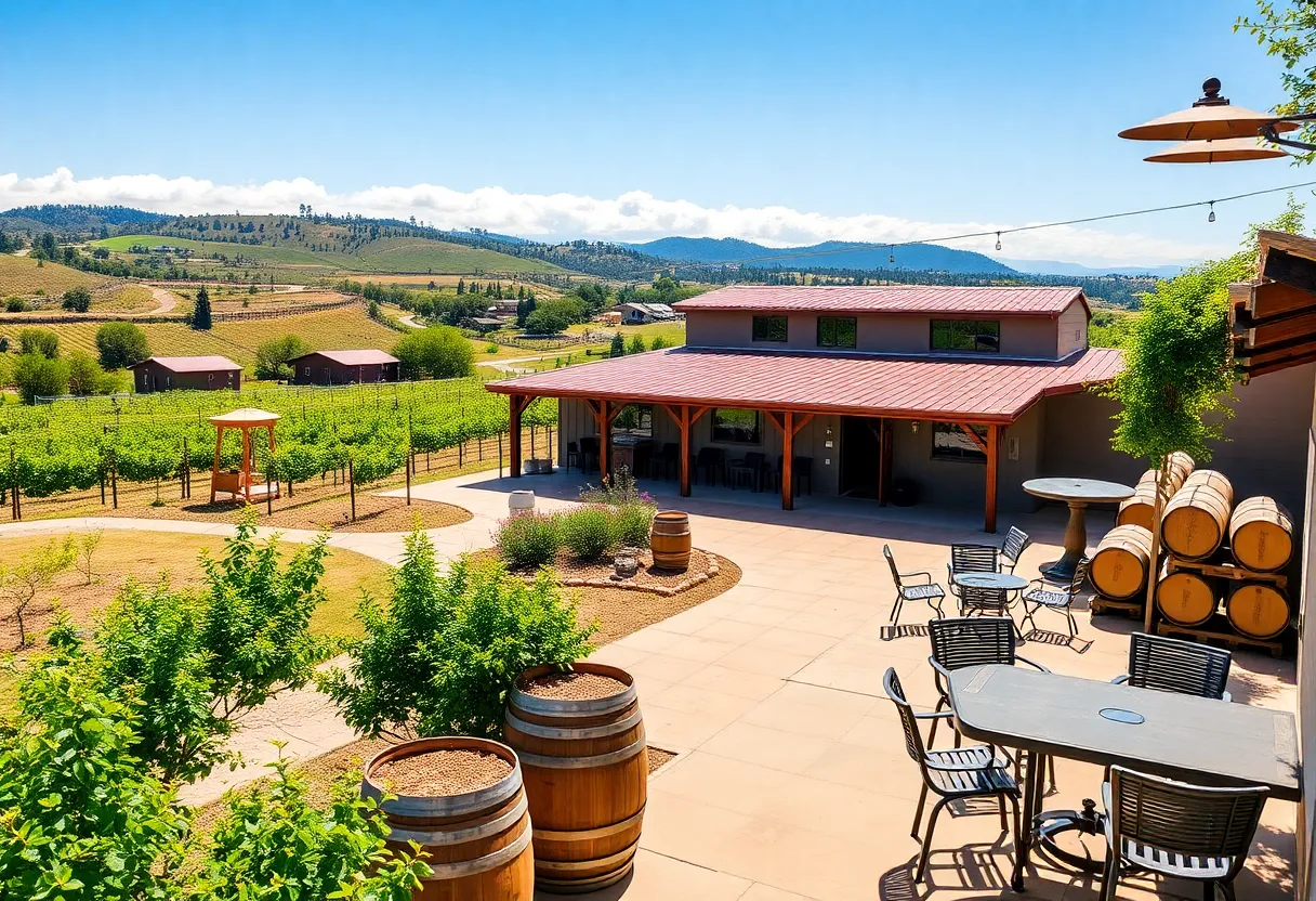 Exterior view of Gianni Buonomo Vintners winery in San Diego, featuring vineyards and outdoor seating.