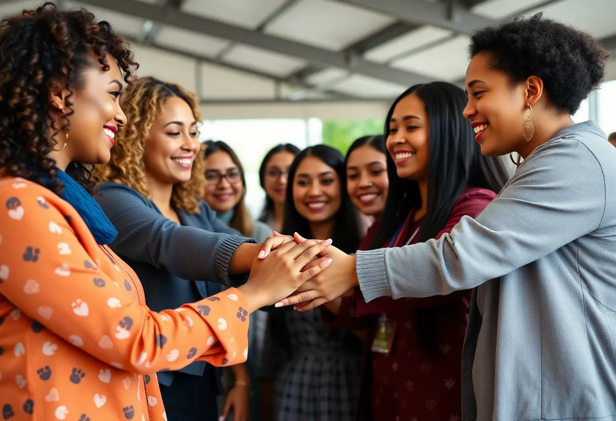Women collaborating and supporting each other in a community event.